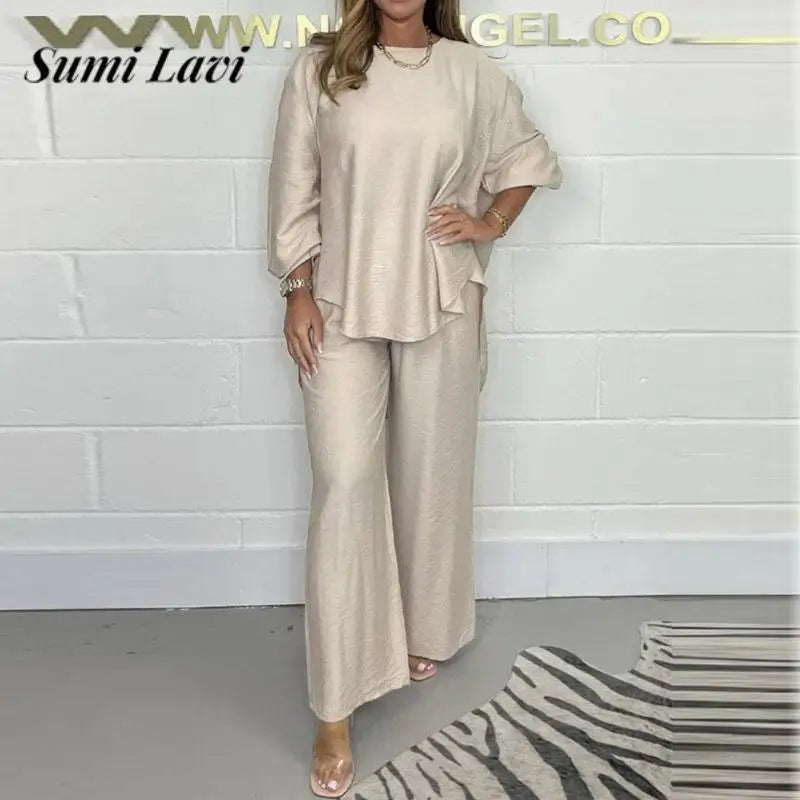 2024 Women Casual Loose Two Piece Sets Fashion O-neck Pullover Tops & Long Pant Outfits Elegant Short Sleeve Solid Homewear Suit - GSINAS.com