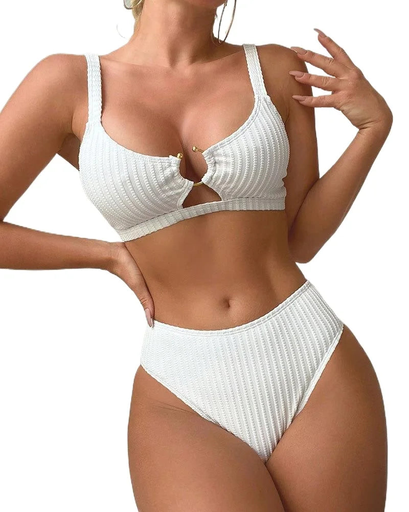 Two Piece Solid Color High Waist Women's Sexy Rib Bikini Swimsuit Suit - GSINAS.com