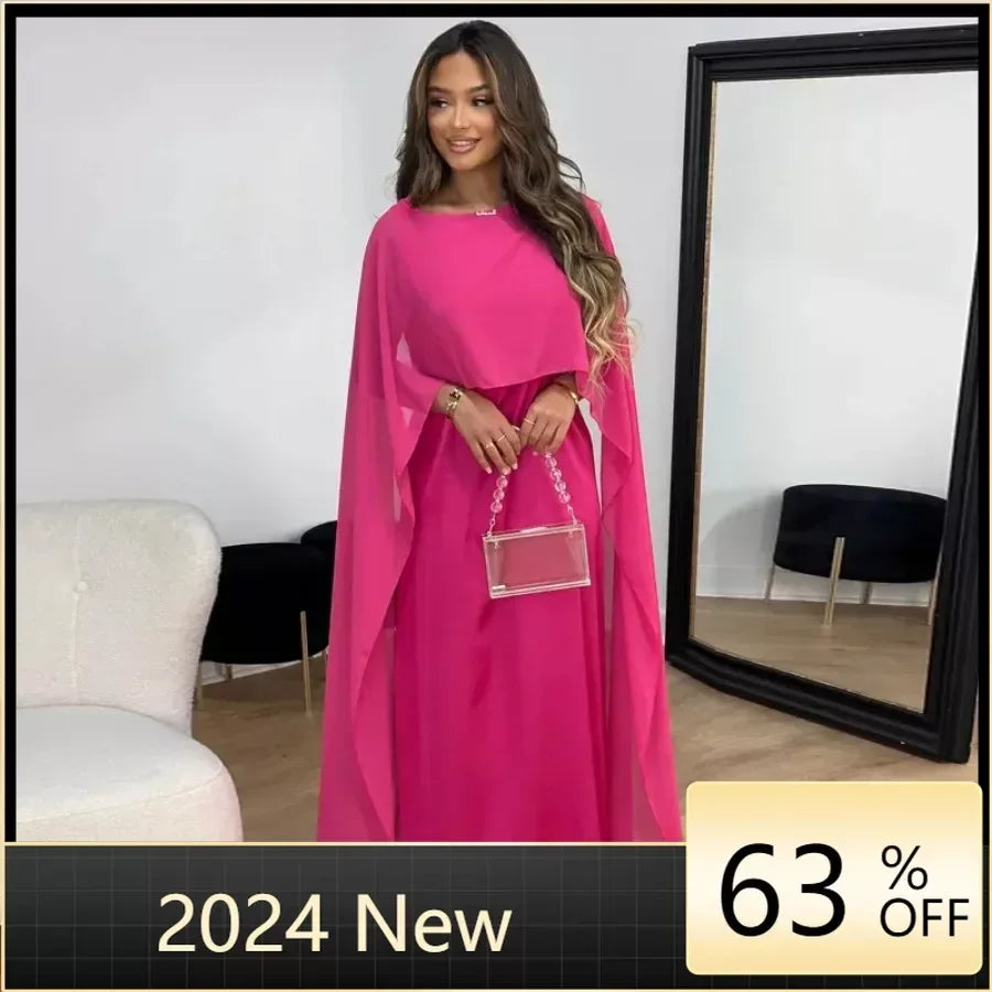 Muslim Women Longuette Fashion Solid Color Chiffon Party DressO-Neck High Waist Large Swing Long Dress Elegant Autumn Winter - GSINAS.com