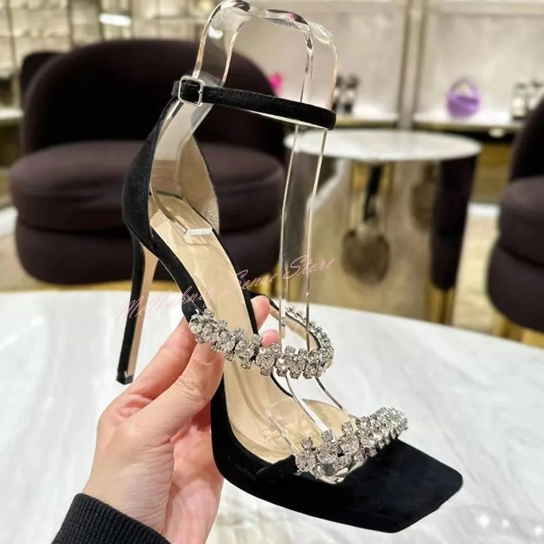 Rhinestone Chain Crystal Sandals: Platform Square Toe High Heels with Buckled Straps, Summer Women's Shoes - GSINAS.com