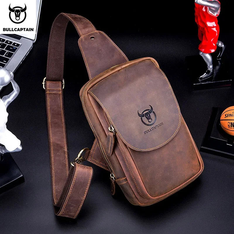 BULLCAPTAIN Men's Crossbody Bags Crazy Horse Leather Chest Bag's Leather Crossbody Bages Retro Men's Zip Pocket Short Travel Bag - GSINAS.com