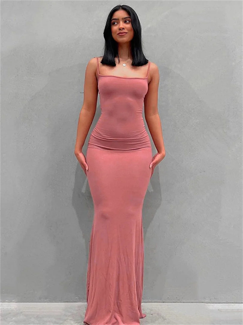 wsevypo Spaghetti Strap Bodycon Long Dress Summer 2022 Women Sleeveless Wrapped Fish Tail Dress Solid Color Club Streetwear - GSINAS.com