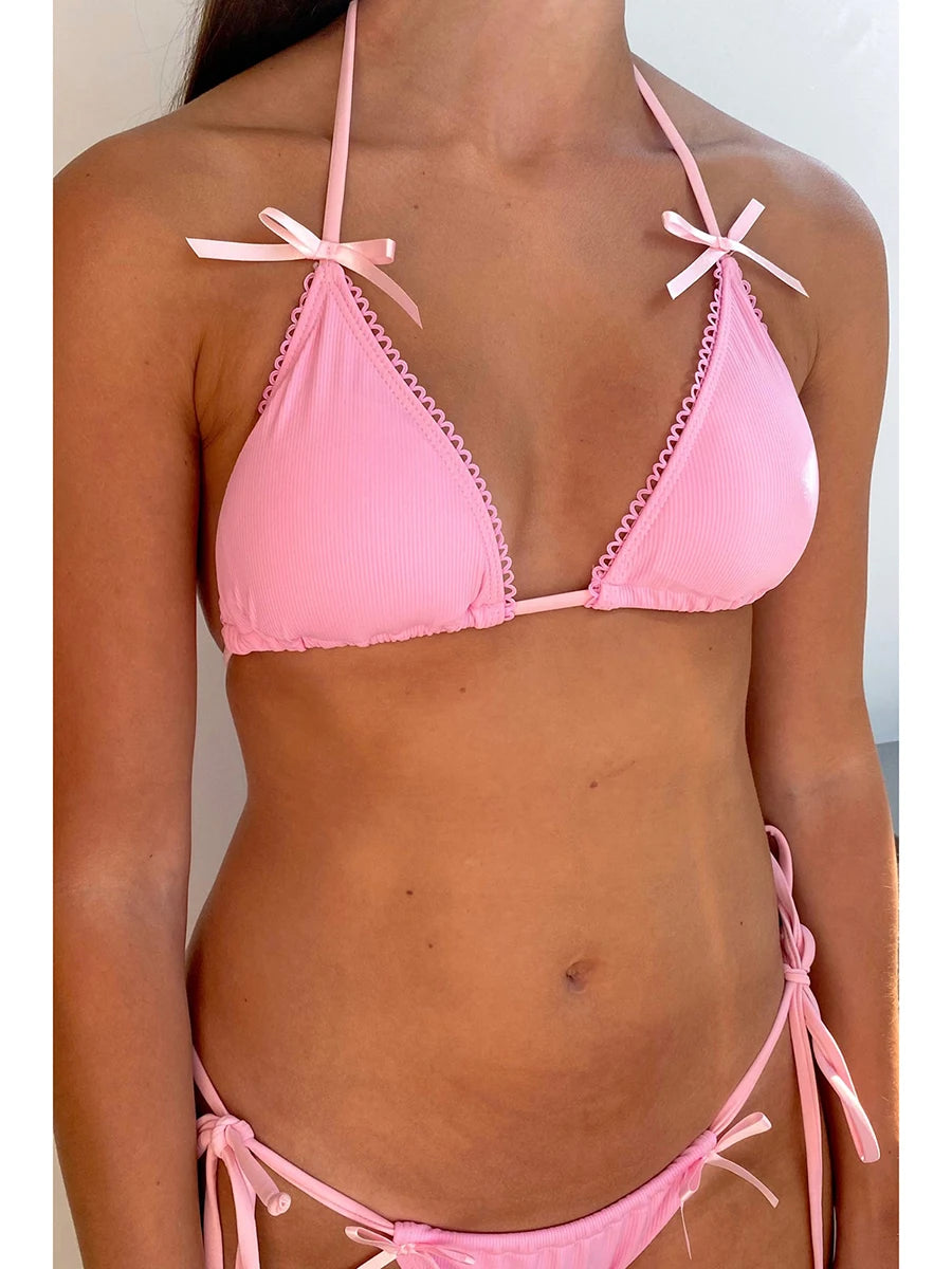 Cute Bow 2 Piece Bikini Set Halter Neck Tie Up Bikini Tops + Bikini Shorts Solid Color Bathing Suit for Women Swimwear Outfits - GSINAS.com