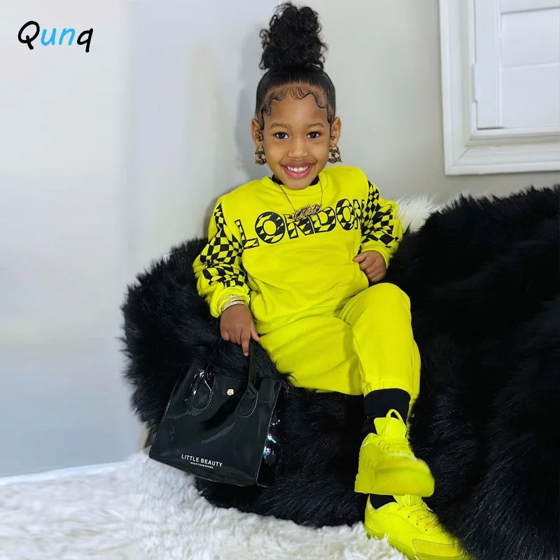 Qunq 2024 Spring Clothing New Girl's Leisure Sports Print Letter Round Neck Long sleeved Top and Pants kids Two piece Set - GSINAS.com