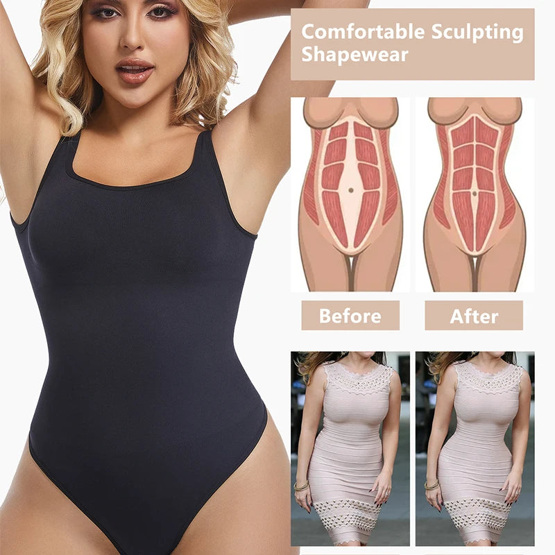 Square Neck Thong Bodysuit - Shapewear Tank Top with Sculpting and Tummy Control - GSINAS.com