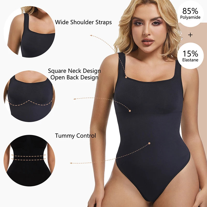 Square Neck Thong Bodysuit - Shapewear Tank Top with Sculpting and Tummy Control - GSINAS.com