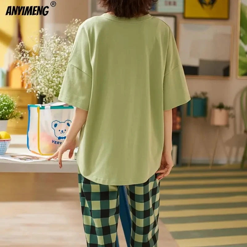 Sleepwear Cartoon Cotton Pajamas for Women Long Pants Fashion Home Clothing Homewear