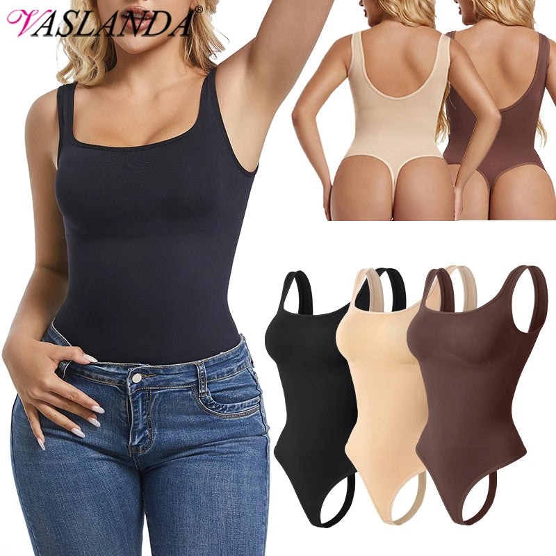 Square Neck Thong Bodysuit - Shapewear Tank Top with Sculpting and Tummy Control