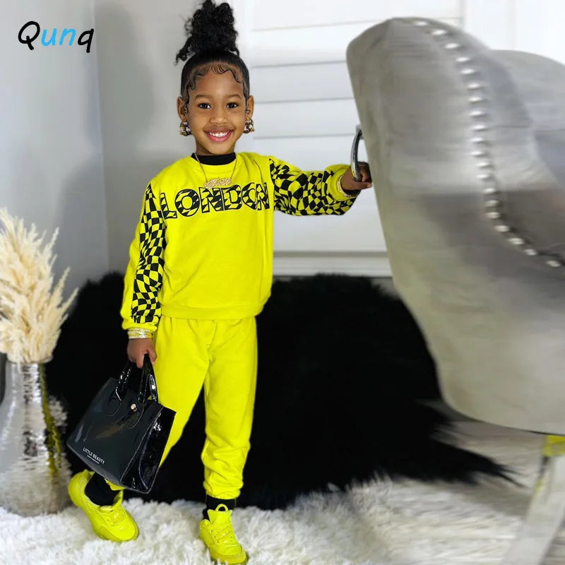 Qunq 2024 Spring Clothing New Girl's Leisure Sports Print Letter Round Neck Long sleeved Top and Pants kids Two piece Set - GSINAS.com