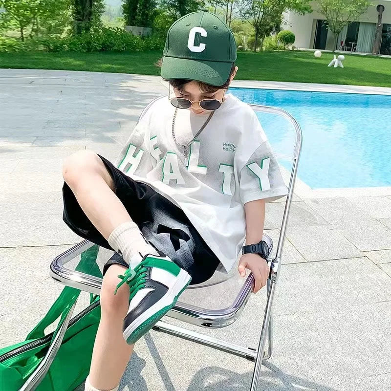 Boys Tracksuit Casual Kids Clothes 2 Piece Set Clothing Green Cool Boy T-shirt + Shorts Summer Clothing Boys Children's Wear New - GSINAS.com