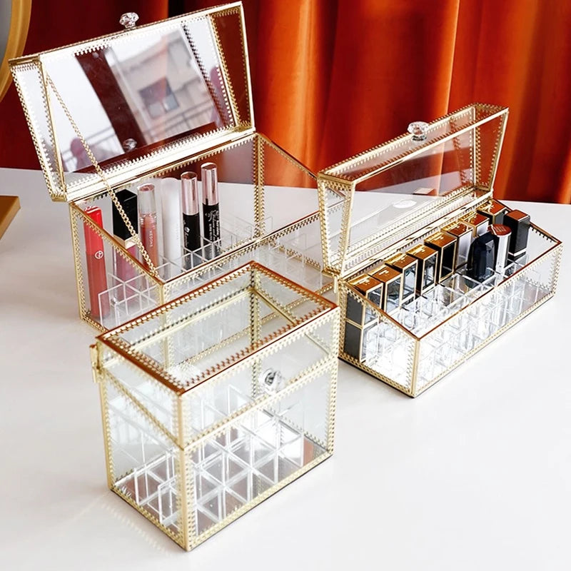 Women Golden Makeup Organizer Storage Box Glass Cosmetic Container Case