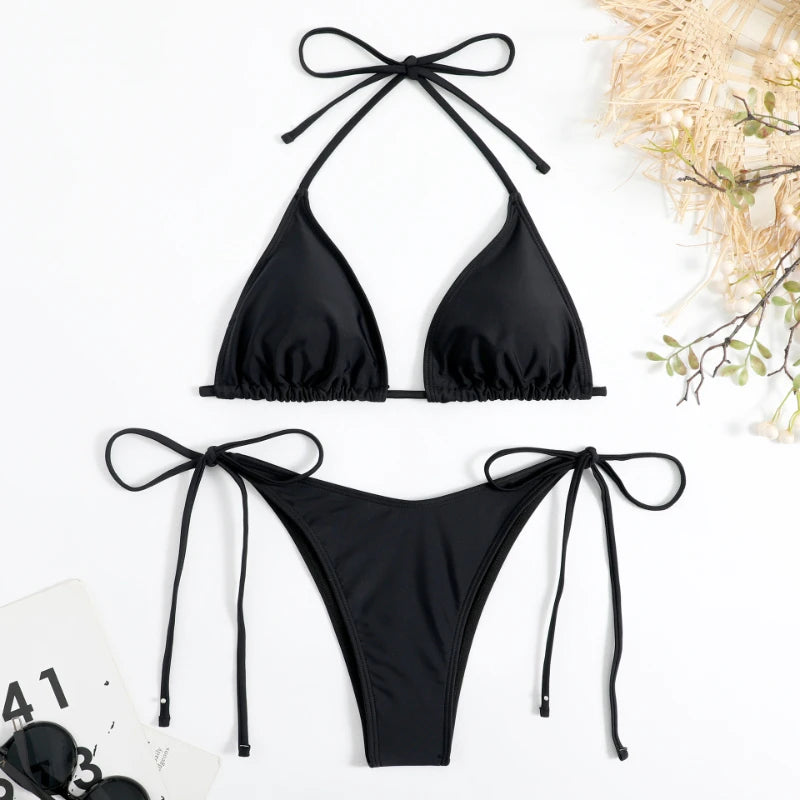 Sexy Women Thong Solid Color Bikini Set Side Halter Tie Swimsuit Ladies Split Strap Adjustable  Brazilian Swimwear Beachwear - GSINAS.com