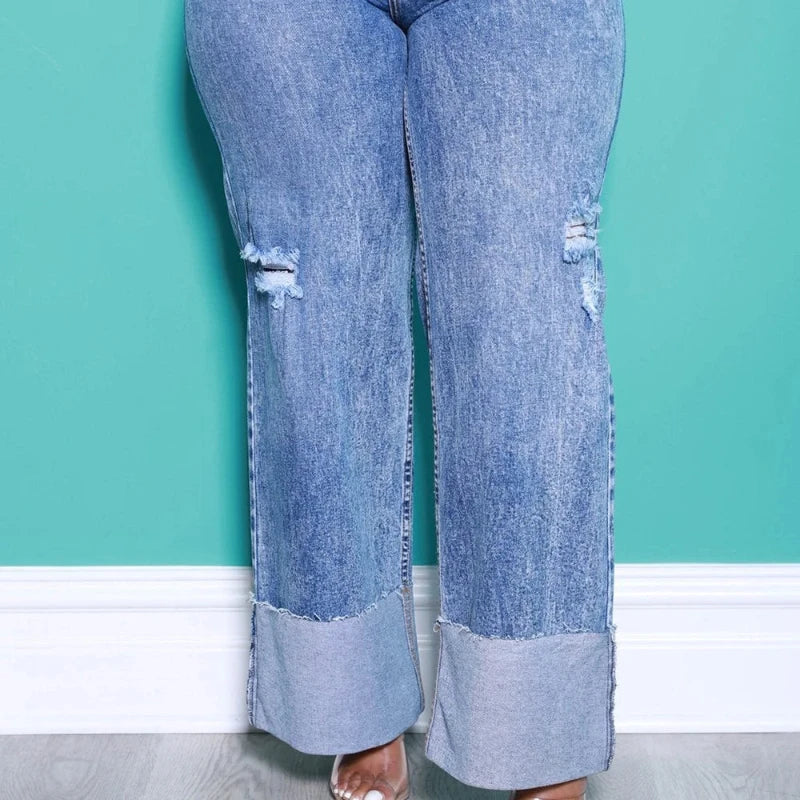 Curled Loose Jeans - Comfortable & Casual