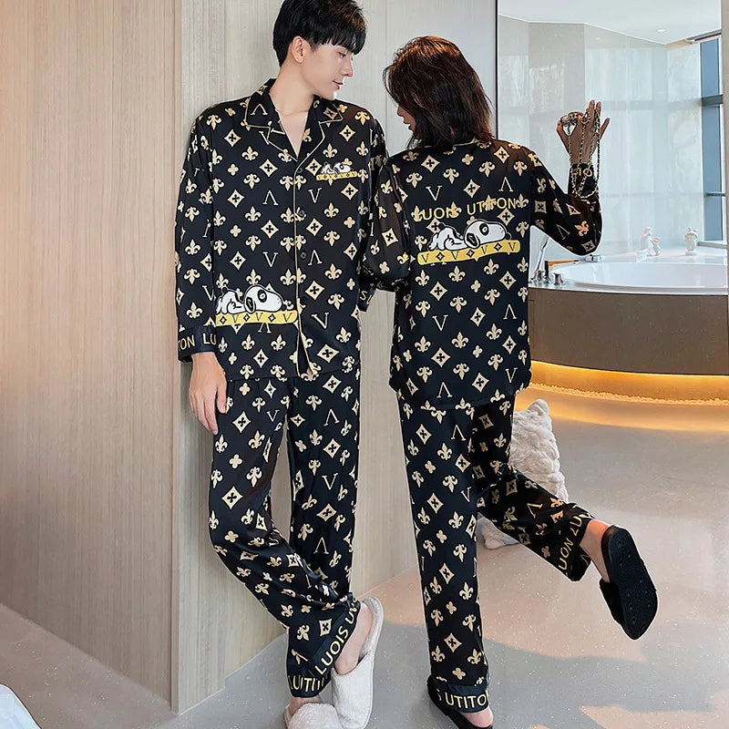 Couple's Home Wear Long Sleeve Thin Artificial Silk Cardigan Korean Style Cartoon Home Outer Wear Large Size Pajamas
