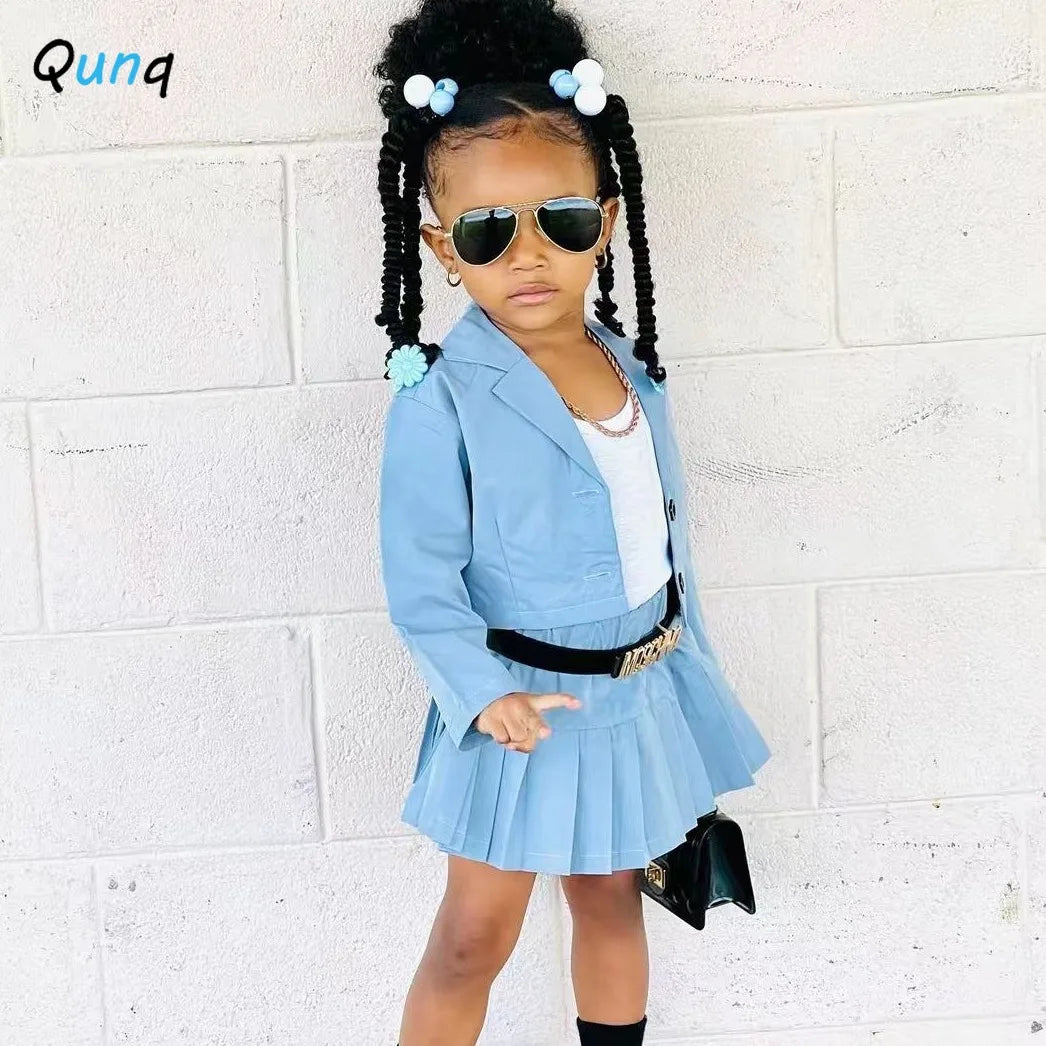 Qunq 2024 Spring New Girls Fashion Casual Solid Color Long sleeved Short Suit Cardigan Short Skirt Clothing kidsTwo piece Set - GSINAS.com