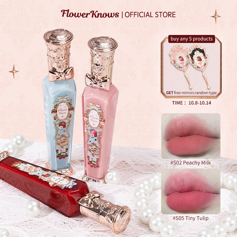 Flower Knows Strawberry Rococo Series Cloud Lip Cream Lipsticks Beauty Glazed Mirror Lip Gloss Delicate Lipstick 3.5g lip gloss