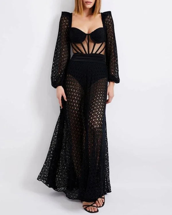 Long Sleeved Mesh Beachwear Design Feels Beach Outfits For Women 2023 One Piece Swimsuit Exit Sexy / New Cover Up Party Dress - GSINAS.com