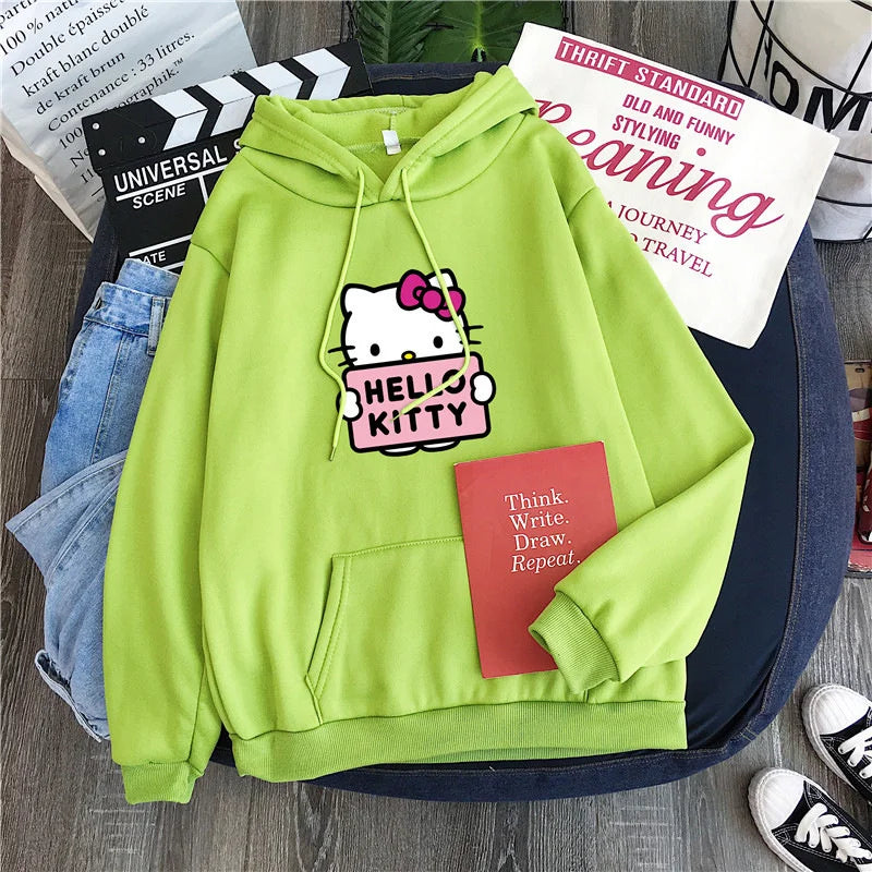 Casual Women's Sweatshirts Sanrio Hello Kitty Kawaii Tops for Women Cute Hoodies Fashion Harajuku Long Sleeves Plus Siz