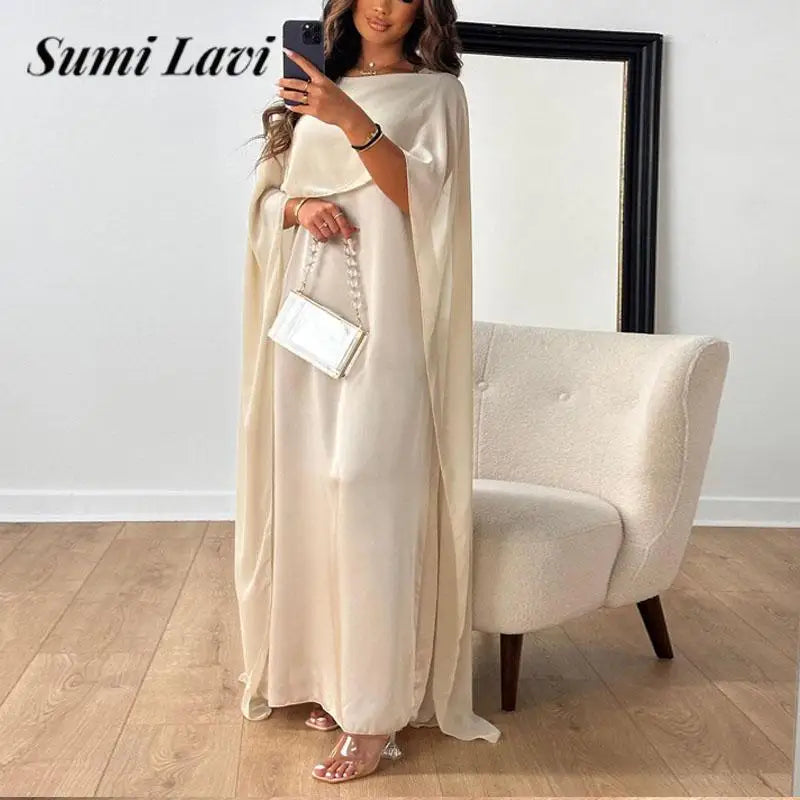 New Elegant Women Big Hem Long Dress Casual O Neck Solid Color Chiffon Loose Dress Muslim Ladies Shawl Sleeve Evening Dress Robe - GSINAS.com