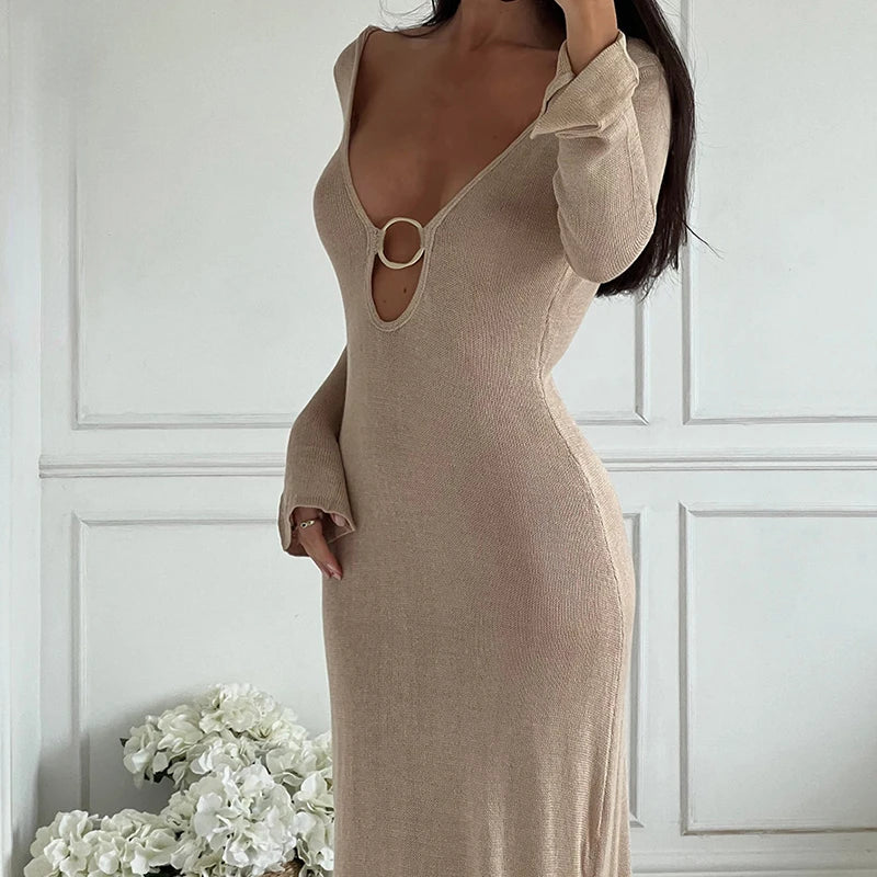 Maxi Dress Knitted Holiday Open Back Long Sleeve Beach Dresses Fashion Outfits Vestido Summer Dress - GSINAS.com