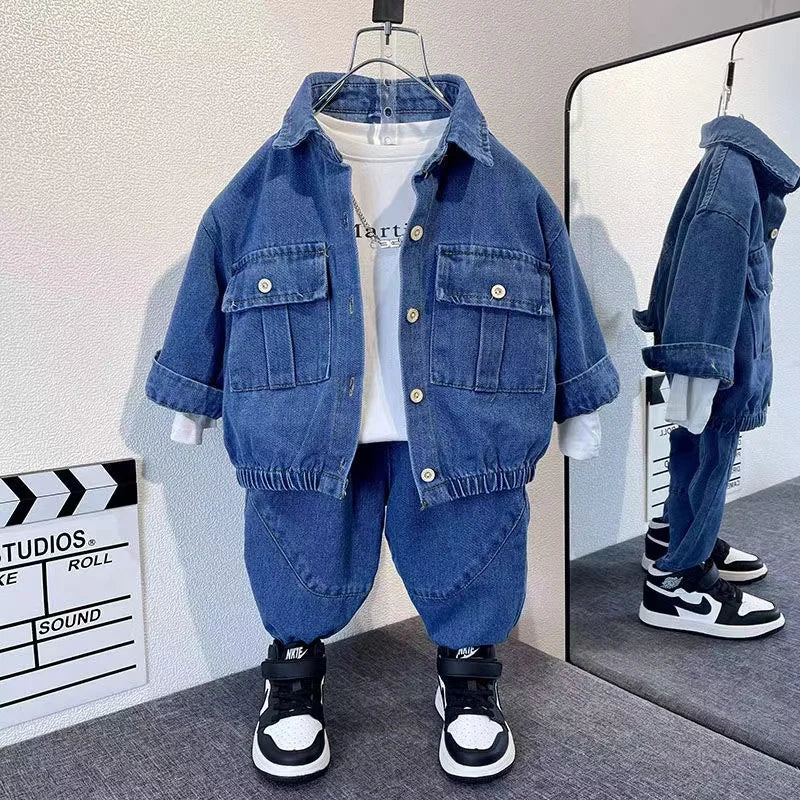 Spring And Autumn Casual Boys' Suit Fashion New Korean Boys's Denim Suit Two Sets Of Autumn Boys Girls Clothes Sets 2-10 Yea - GSINAS.com