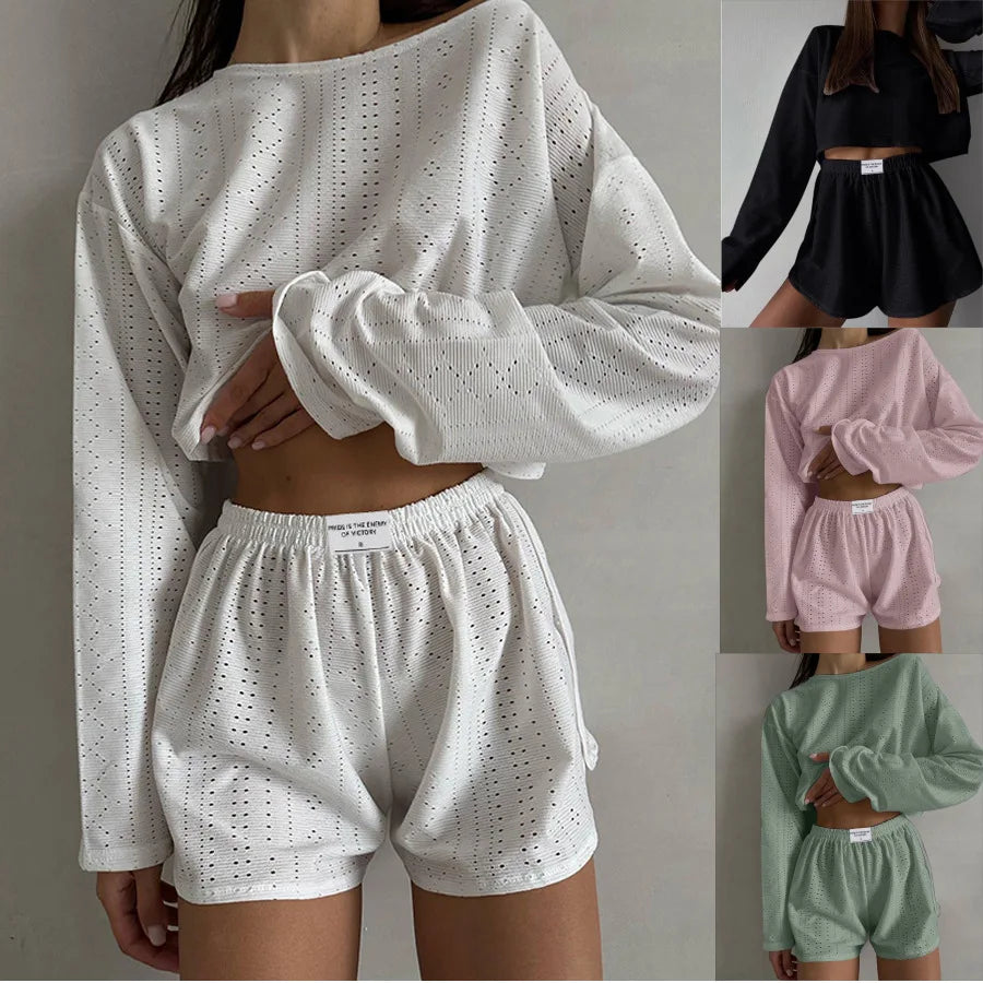 Round Neck Long Sleeve Top & Shorts Set - Women's Spring Loungewear Pyjama Set for Home Wear.
