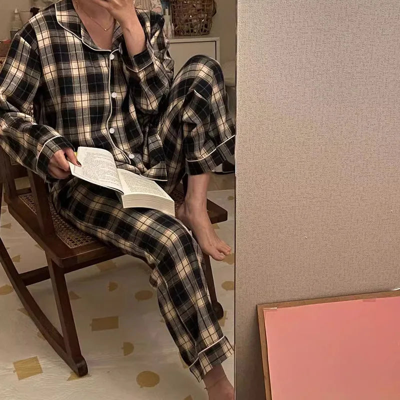 Ins Japanese Casual Pajamas Women's Autumn Thin Girl's Home Lapel Cardigan Two-piece Set Fashion Plaid Pyjamas Women Homewear