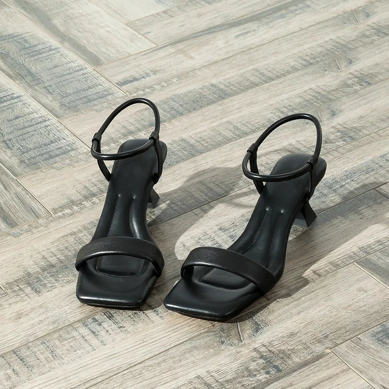 New Black Rhinestone Sandals: Summer Square Toe Stiletto Heels
