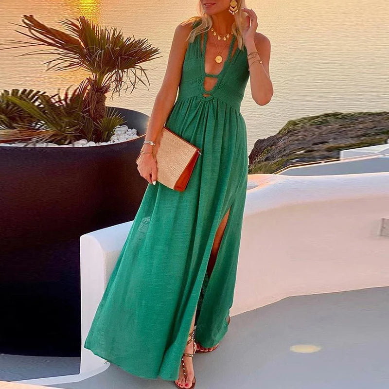 Elegant Deep V-neck Hollow Long Dress 2024 Summer Sexy Sleeveless Side Split Bohemian Party Dress Fashion Pleat Solid Maxi Dress - GSINAS.com