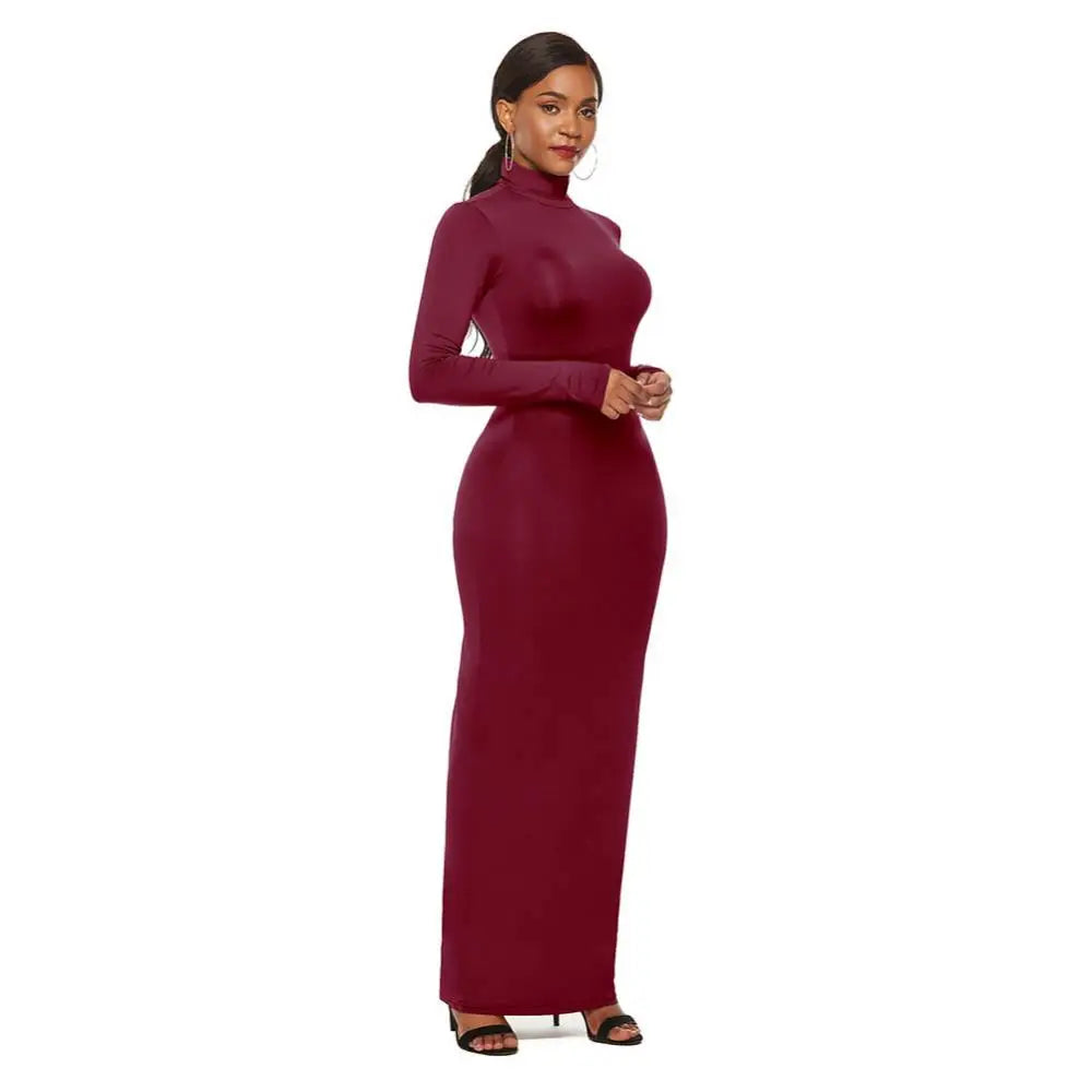 Women Long Dresses Plus Size Party Solid Color Turtleneck Bodycon - GSINAS.com