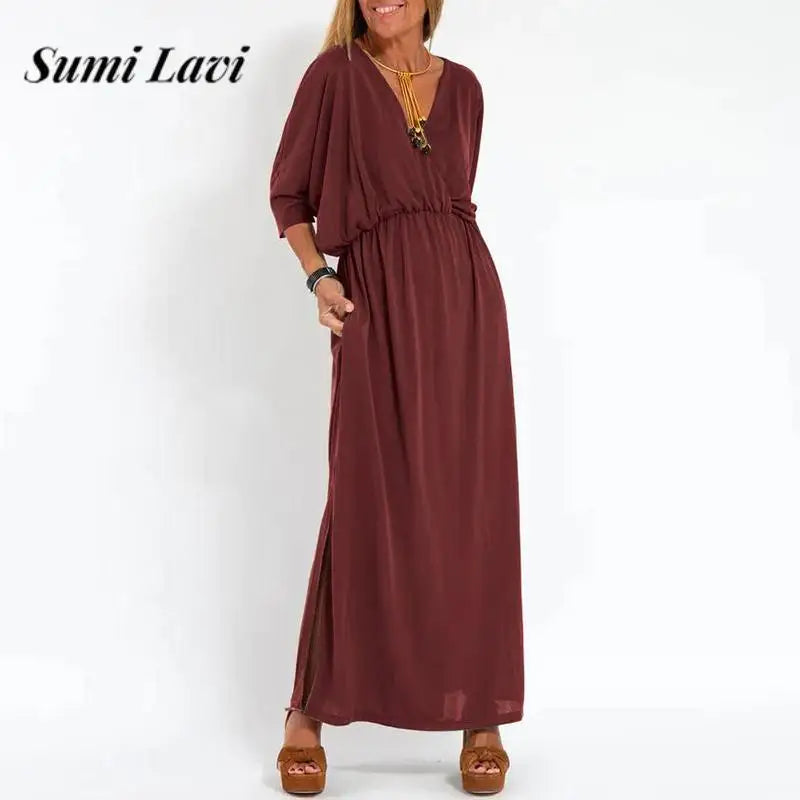 2024 Casual Ladies Pocket Vintage Long Dress Boho Summer V Neck 3/4 Sleeve Loose Dress Women Solid Color High Waist Split Dress