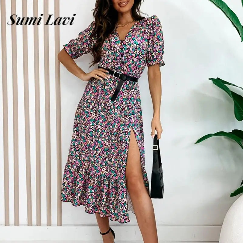 Elegant V-neck Matching Belt Midi Dress Women Casaul Short Sleeve Pleated Party Dress Sexy Split Polka Dot Button Print Dresses - GSINAS.com