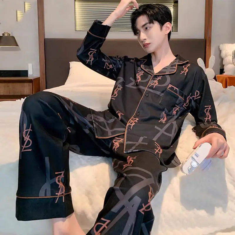 Korean Version of Couple Pajamas Spring and Autumn Ins Style Simple Loose High-grade Long-sleeved Homestays Women Set Luxury Men