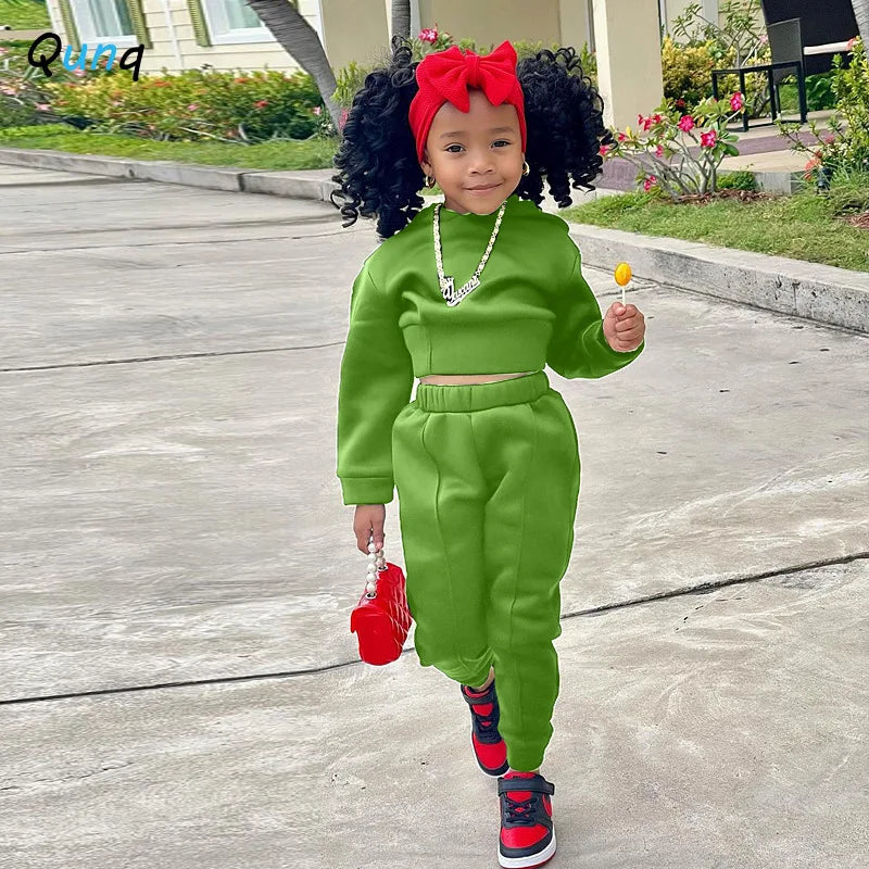 Qunq Children Clothing 2023 Autumn Winter Girls New Casual Sports Hoodie Solid Color Hooded Two-piece Set kids clothes - GSINAS.com