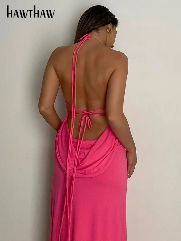 Hawthaw Women Fashion Halter Sleeveless Backless Party Club Solid Color Bodycon Split Long Dress 2022 Summer Clothes Streetwear - GSINAS.com