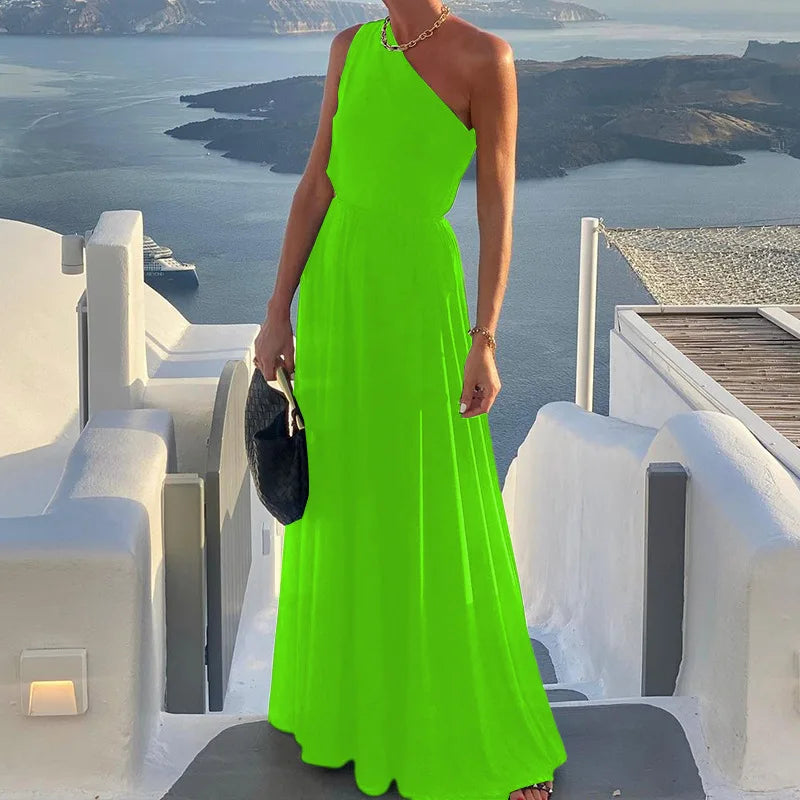 Sexy Diagonal Collar Pleat Solid Bohe Dress 2024 Women Elegant Hight Waist Loose Long Dress Casual Sleeveless Beach Party Dress - GSINAS.com