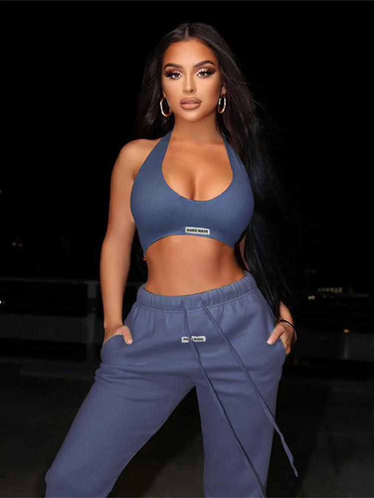 Kliou Sporty Two Piece Set Girl Halter Crop Tops+Drawstring Sweatpants Slim Activewear Casual Gym Workout Fitness Womens Outfits