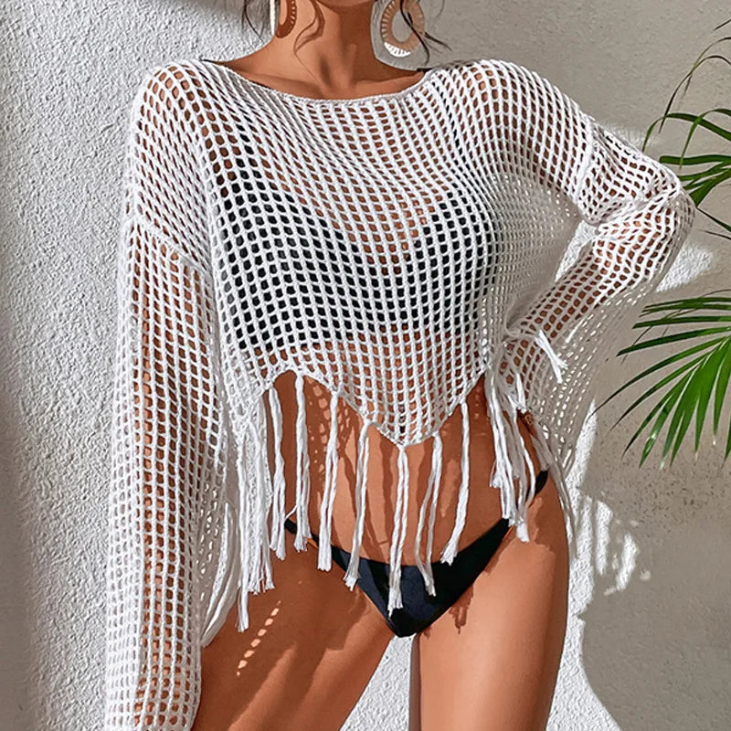 Swimsuit Beachwear Cover-Up Transparent Hollow Out Tops Women Flared Long Sleeve Tassel Smock Crop Tops