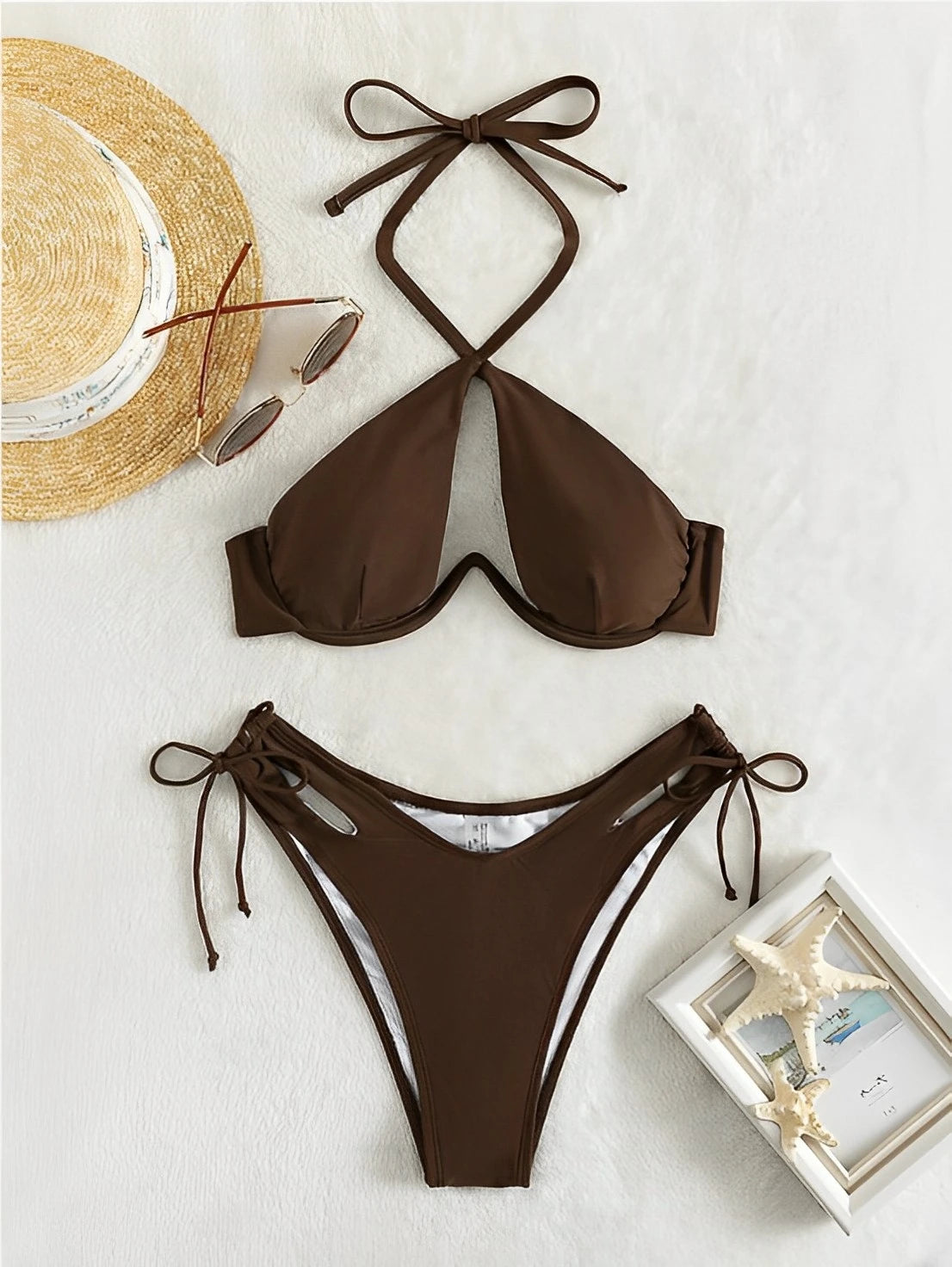 Cut Out Push Up Bikini Set - Halter Solid Swimsuit for Women's Beachwear. - GSINAS.com