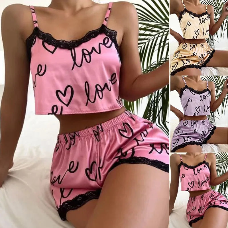 2 Pieces Set Women'S Pajama Shorts Suit Homewear Print Underwear Pijama Sexy Lingerie