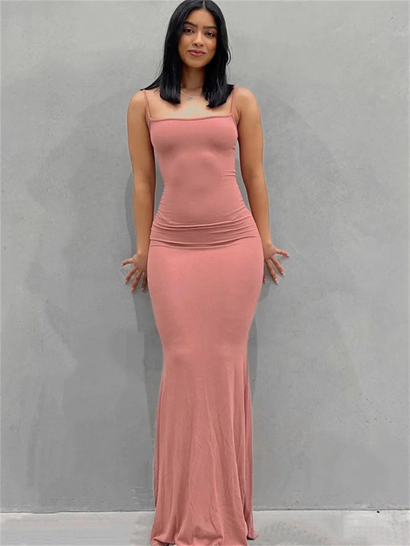 wsevypo Spaghetti Strap Bodycon Long Dress Summer 2022 Women Sleeveless Wrapped Fish Tail Dress Solid Color Club Streetwear - GSINAS.com