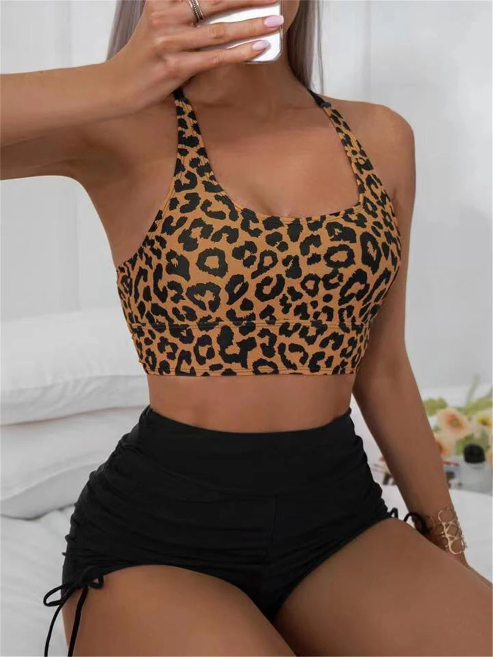 Leopard Print High Waist Swimsuit - Sexy Hollow Out Swimwear for Women's Summer Beachwear.
