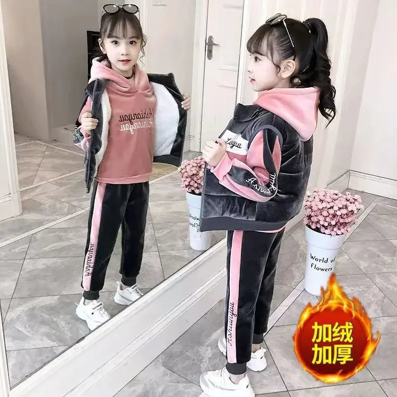 2024 winter girls tracksuit Autumn Toddler Teenager Clothes velvet jacket vest + hooded + strip Pant Children Kids 10 11 12 year - GSINAS.com