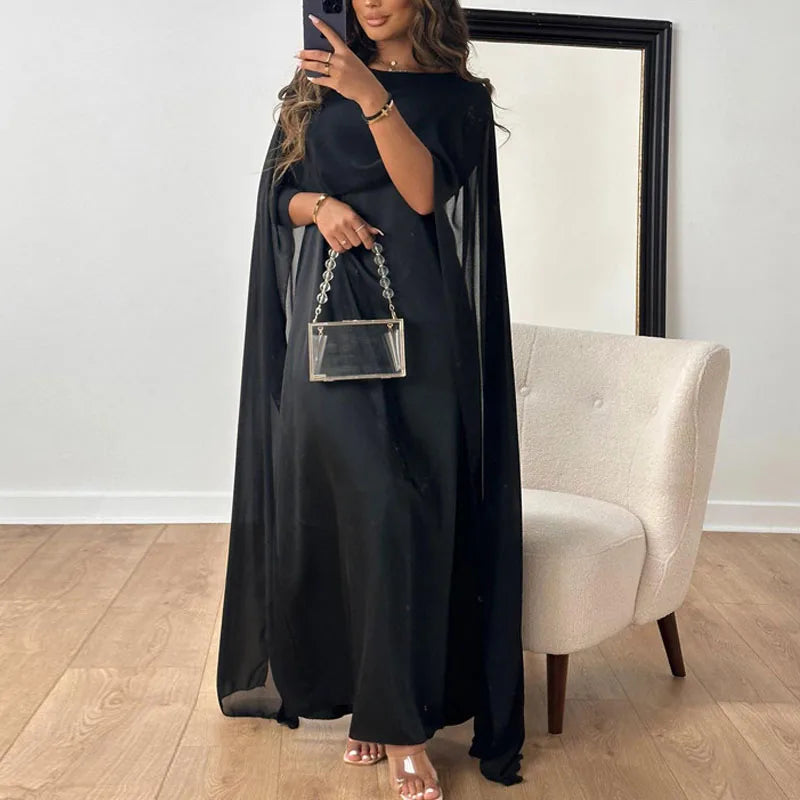 New Elegant Women Big Hem Long Dress Casual O Neck Solid Color Chiffon Loose Dress Muslim Ladies Shawl Sleeve Evening Dress Robe - GSINAS.com