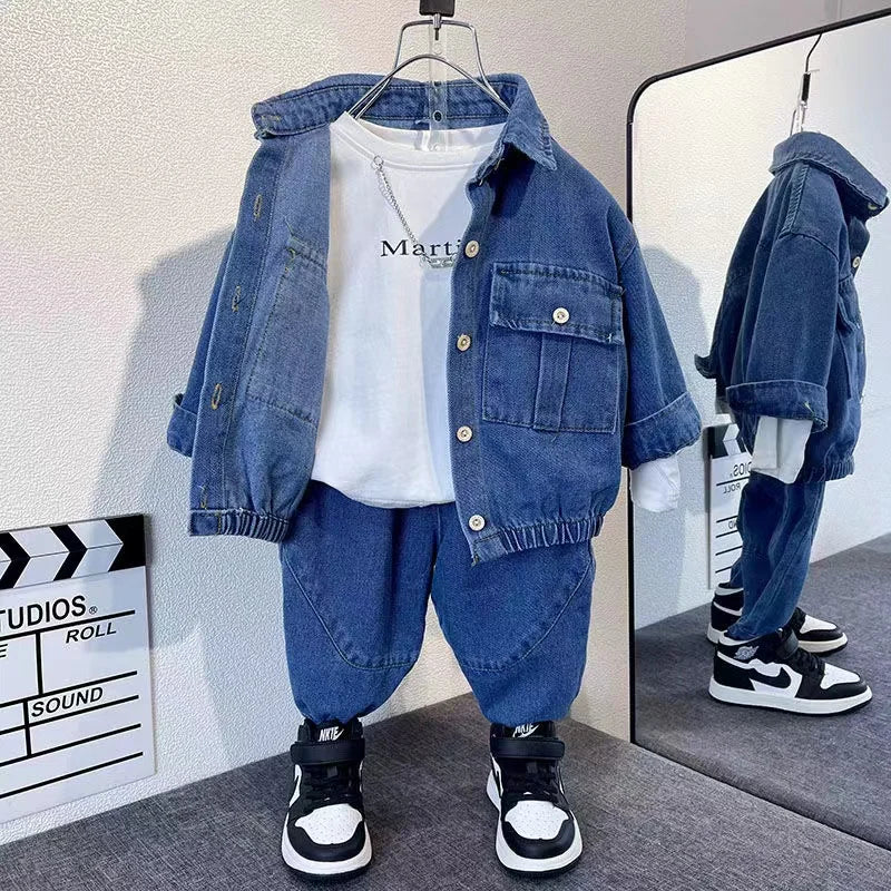 Spring And Autumn Casual Boys' Suit Fashion New Korean Boys's Denim Suit Two Sets Of Autumn Boys Girls Clothes Sets 2-10 Yea - GSINAS.com