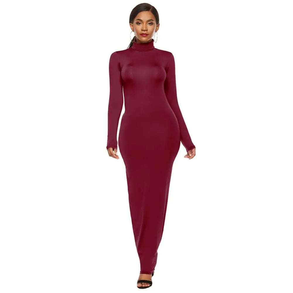 Women Long Dresses Plus Size Party Solid Color Turtleneck Bodycon - GSINAS.com