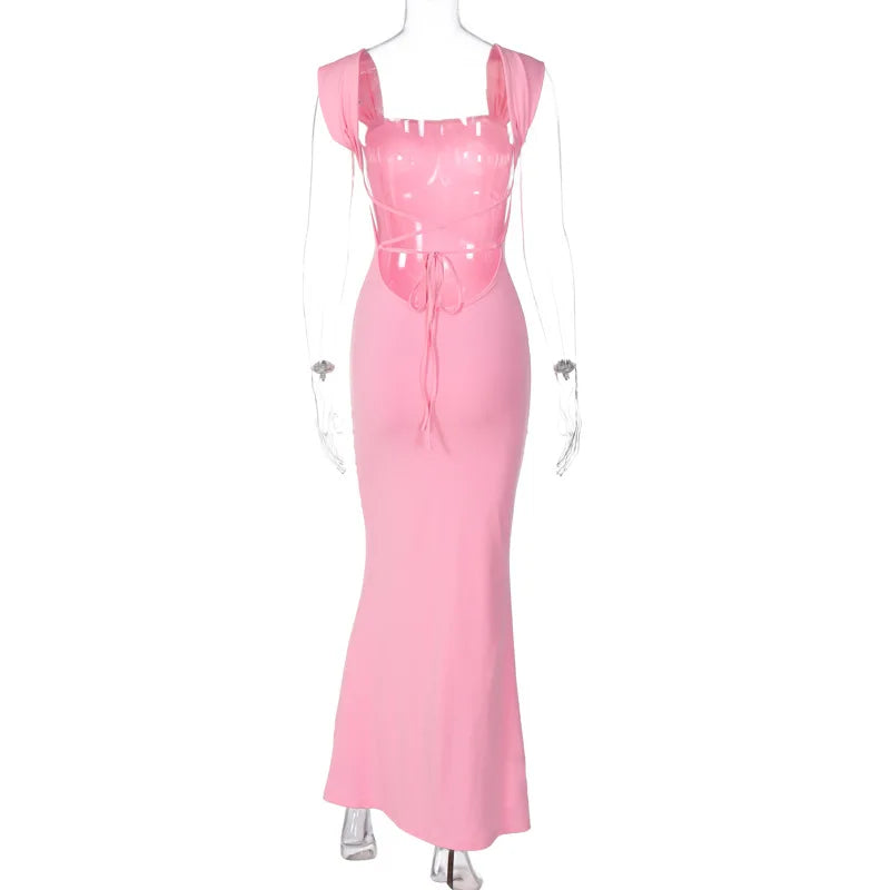 Elegant Pink Sexy Bandage Backless Maxi Dress Summer Backless Outfits for Women Birthday Vestido Sun Dresses Chic Sexy Dress - GSINAS.com