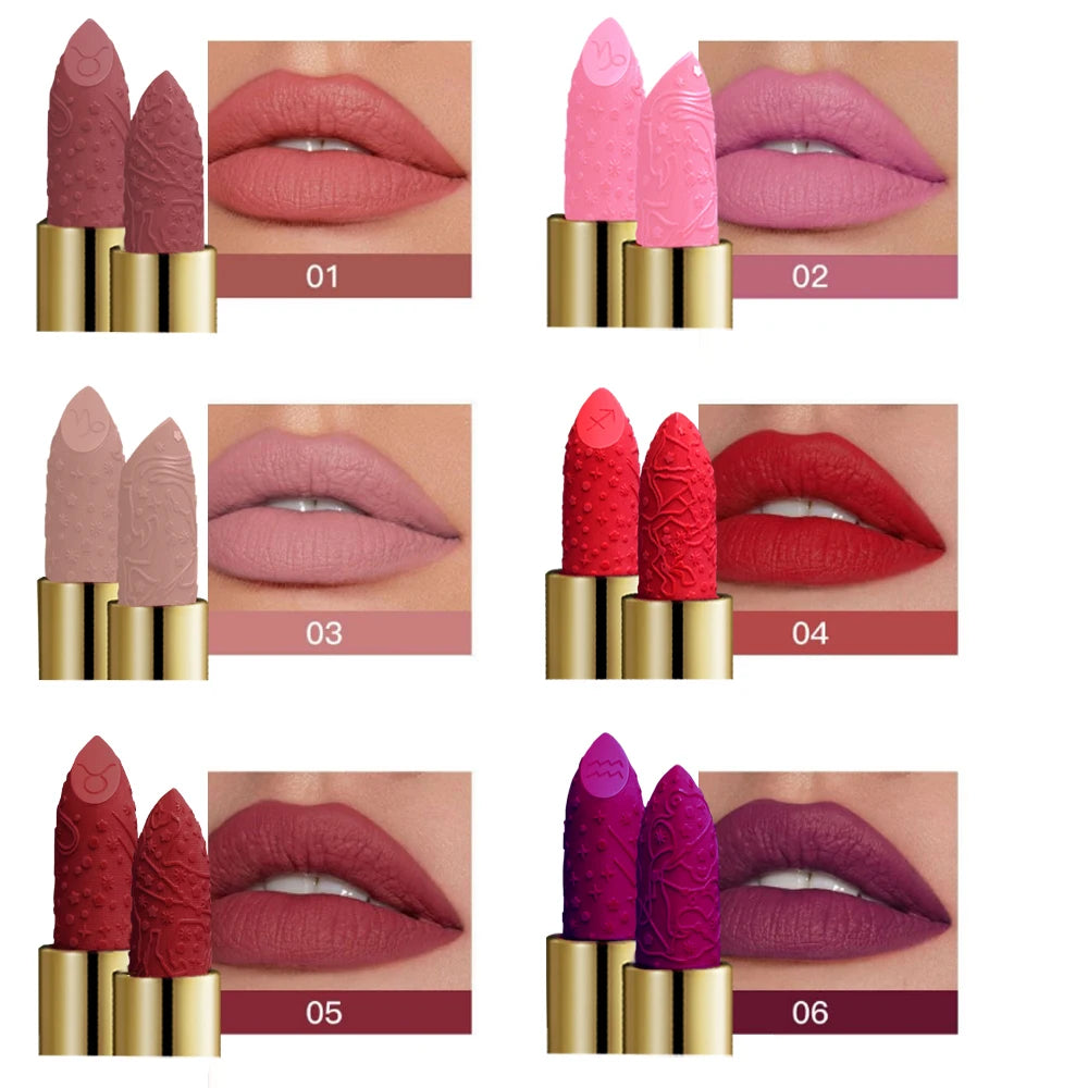 12 Constellations Matte Lipsticks Long Lasting Waterproof Not Fading Sexy Red Pink Velvet Nude Lipsticks Women Gift Cosmetics