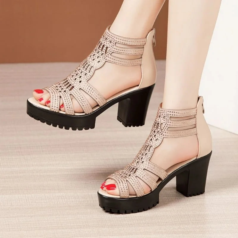 Summer Women's High Heel Hollow Roman Sandals: Casual Open Toe Fish Mouth Shoes with Striped Slim High-top Design