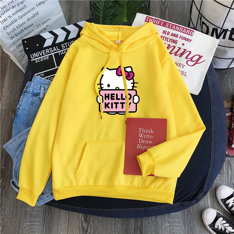 Casual Women's Sweatshirts Sanrio Hello Kitty Kawaii Tops for Women Cute Hoodies Fashion Harajuku Long Sleeves Plus Siz